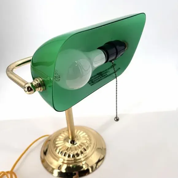 Vintage Banker's Desk Piano Lamp Green Glass Shade Pull Chain Gold Metal Base - Picture 2 of 13